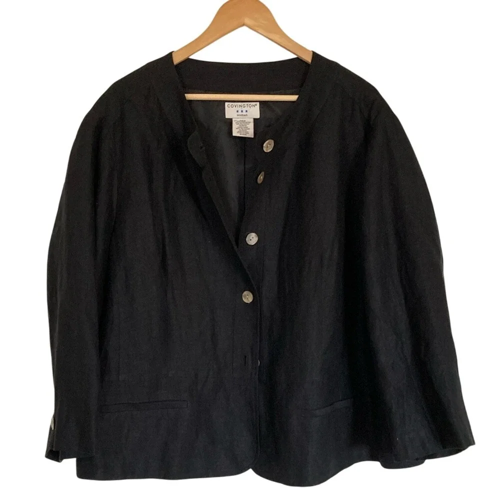 Covington Womens Linen Blend Button Front Blazer Size 26W‎ Black Classic Career